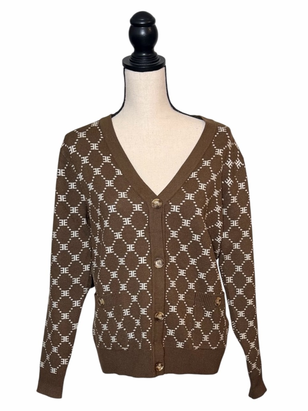 Ellandemm Woman’s Monogram Preppy Academia Cardigan Brown & Ivory 
Size S/M